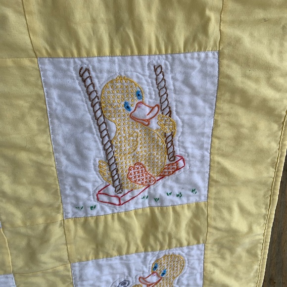 Vintage baby quilt with cross-stitch ducks in many activities. - Picture 4 of 9